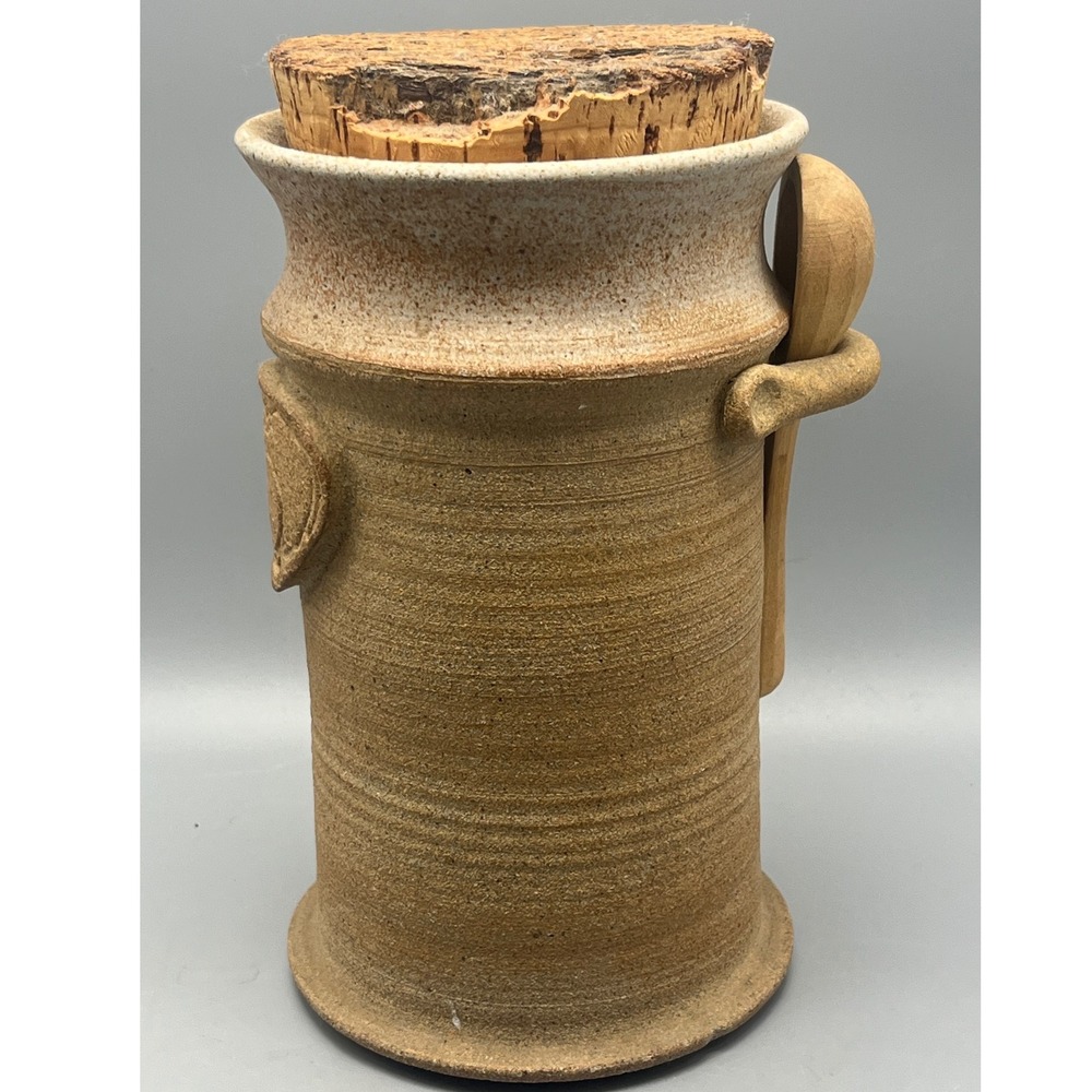 Handmade Signed‎ Pottery Kitchen Canister Jar Cork Lid Spoon Rest Rustic Style